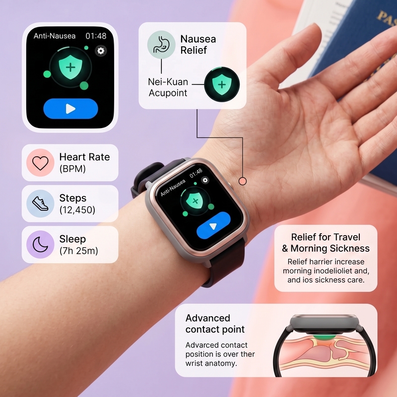  Close view of time step display screen and dual vertical conductive electrodes on TEAS nausea relief wearable wristband