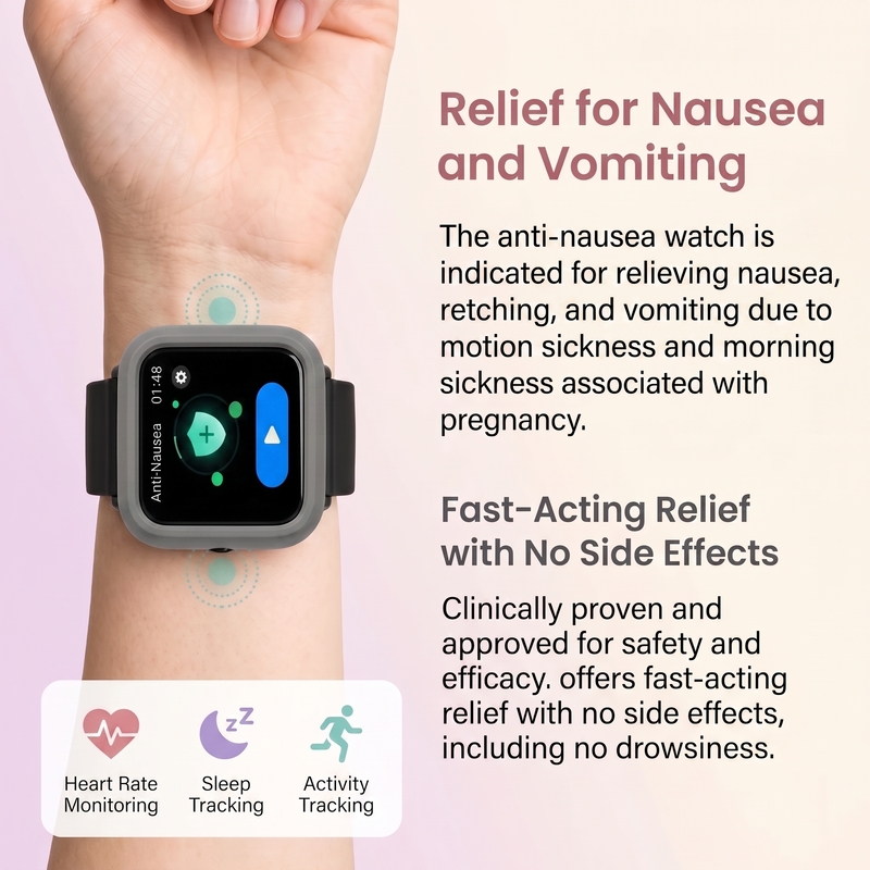 Clinical principle infographic showing how TEAS pulse blocks vomiting nerve signals for motion sickness relief wrist watch