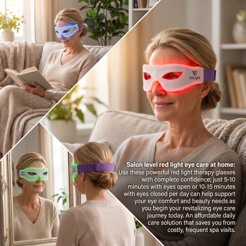 Infographic introducing red near infrared blue green four spectrum phototherapy effects for periorbital wrinkle puffiness pigment improvement